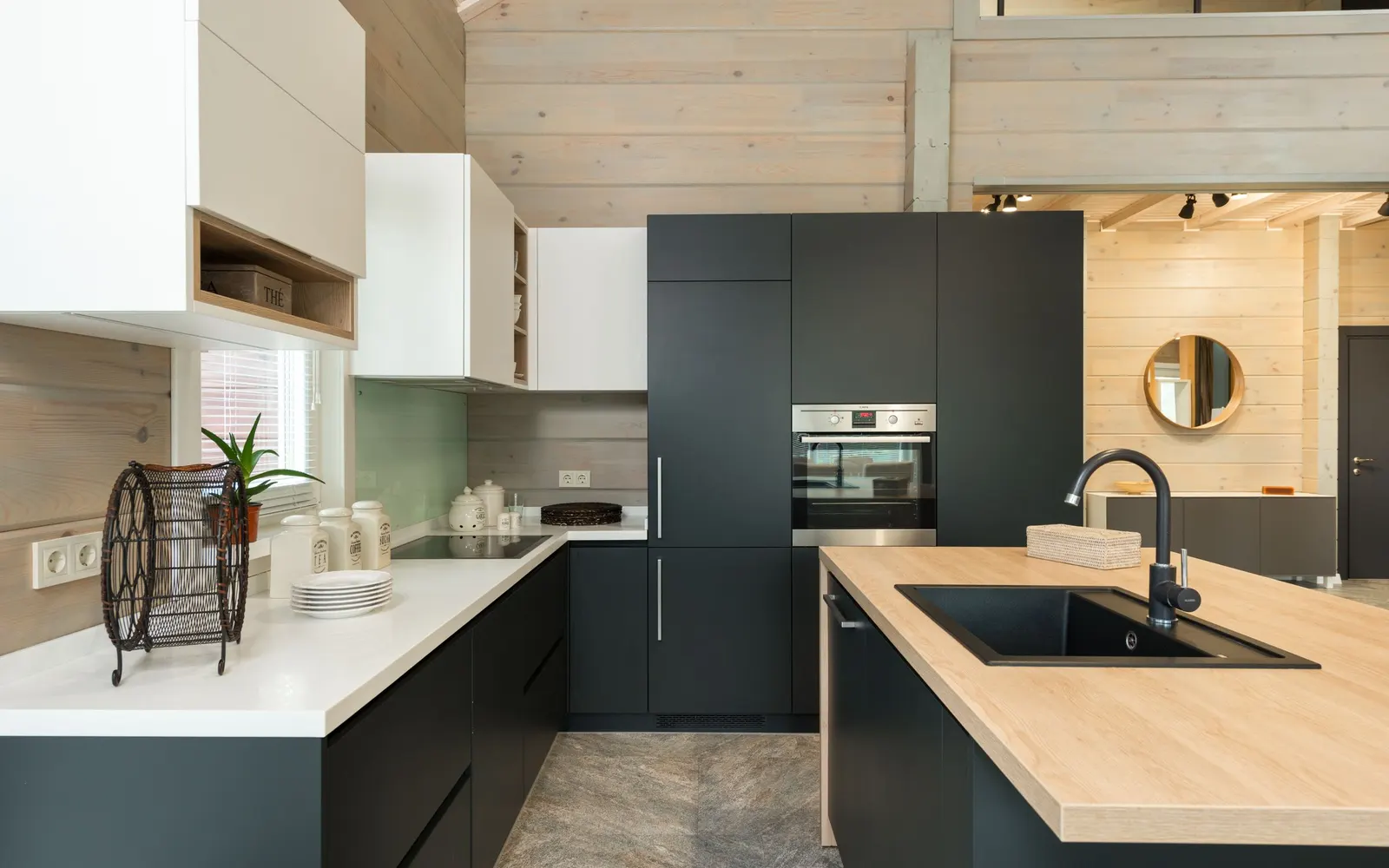 Warm oak kitchen with an island — before